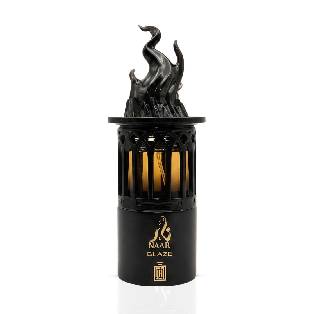 Aura by Aura Naar Blaze Eau de Parfum spray 100ml bottle with branding, showcasing sleek design and elegant packaging.