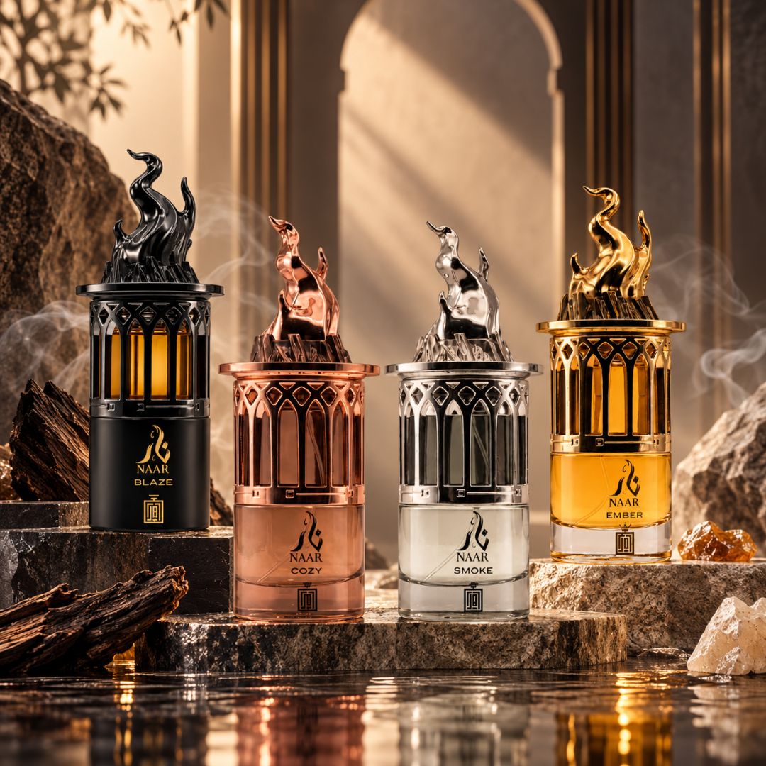 Aura by Aura NAAR Blaze collection Eau de Parfum sprays, 4x100ml bottles, featuring cozy smoke and ember fragrances.