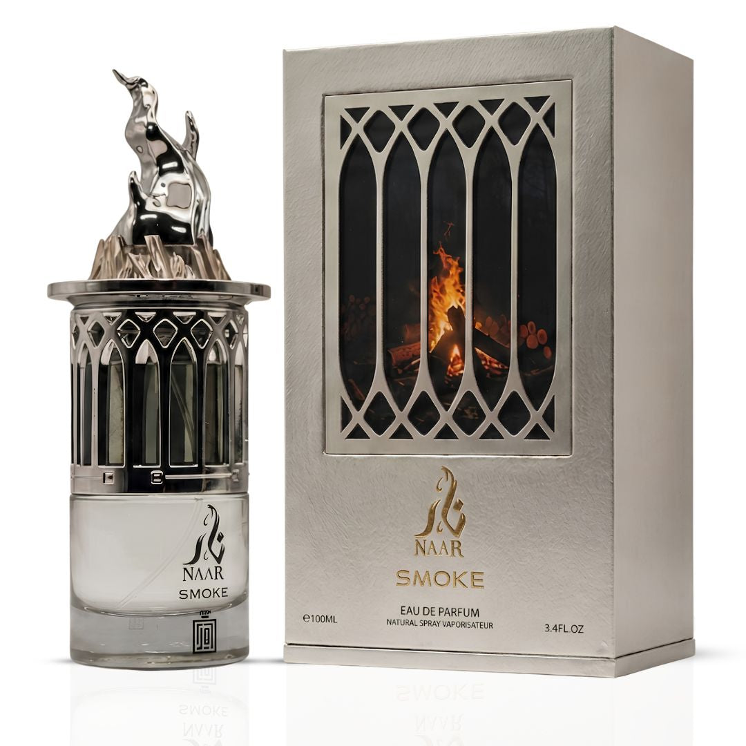 Aura Naar Smoke Eau de Parfum spray 100ml bottle, elegant glass bottle with dark-colored fragrance liquid.