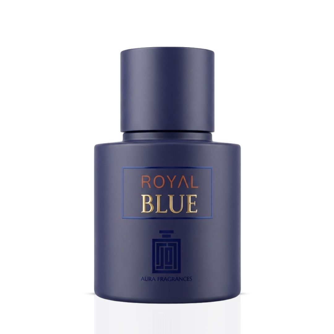 Aura by Aura Royal Blue Eau de Parfum spray in a sleek blue bottle, 100ml, showcasing elegant packaging and design.