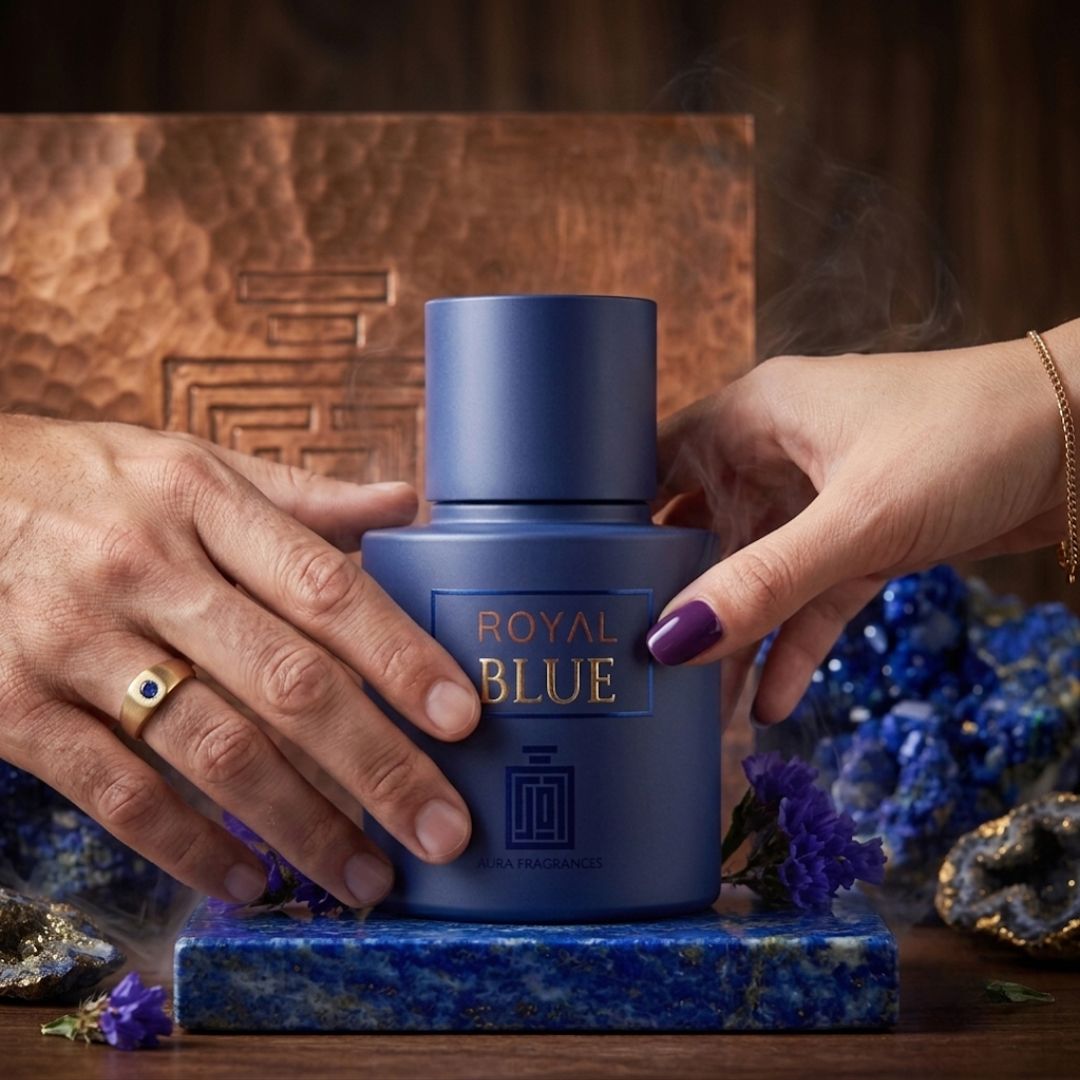 Aura by Aura Royal Blue Eau de Parfum Spray 100ml bottle with packaging, showcasing elegant blue bottle and stylish design.