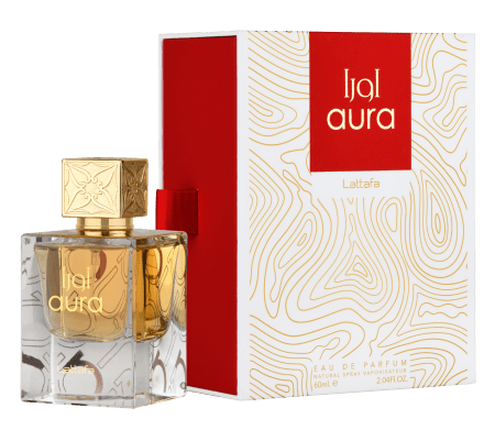 Lattafa Aura EDP 60ml perfume bottle with elegant packaging, showcasing the floral and oriental fragrance design.