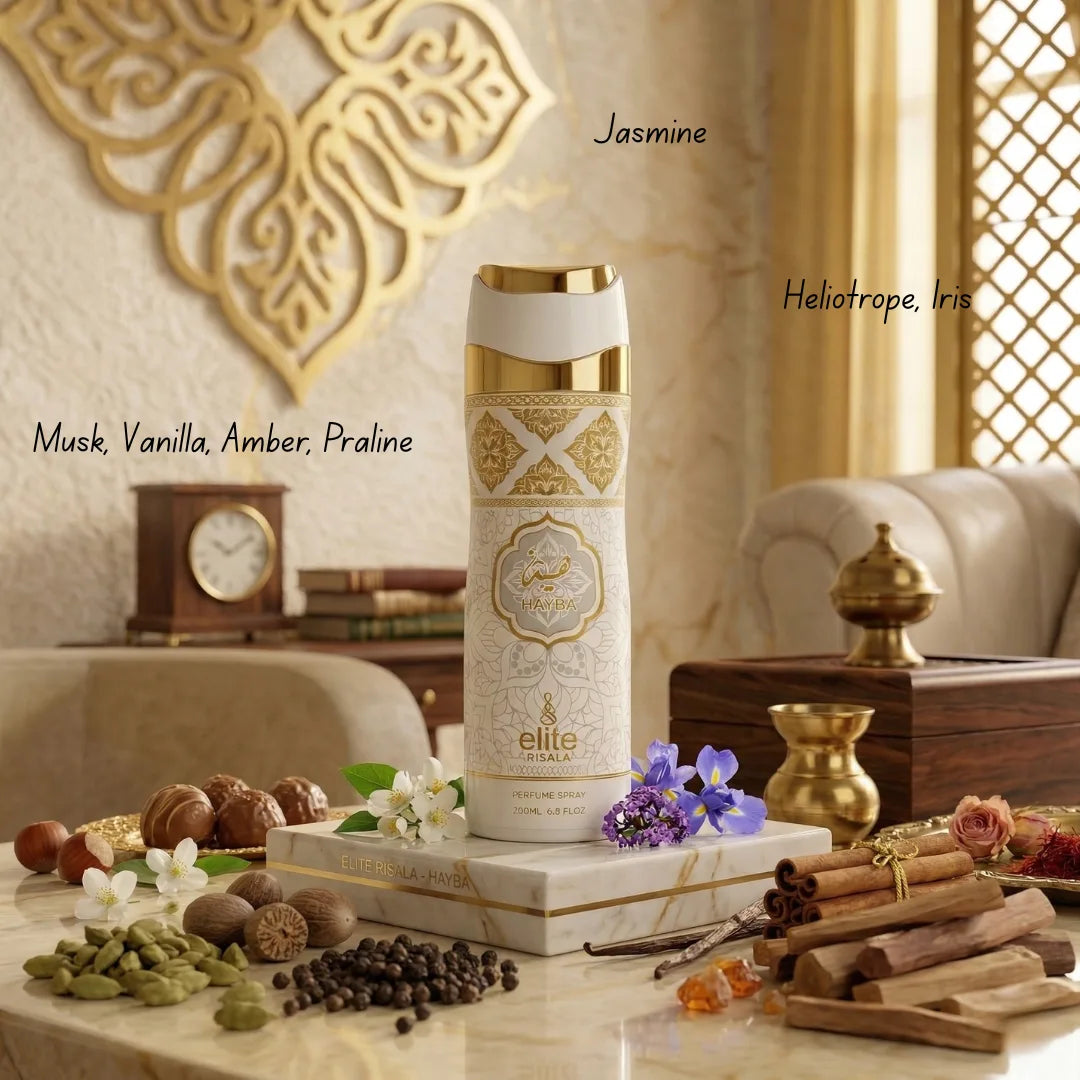 Hayba Body Spray by Elite Risala in 200ml deodorant bottle, featuring sleek packaging and spray nozzle.