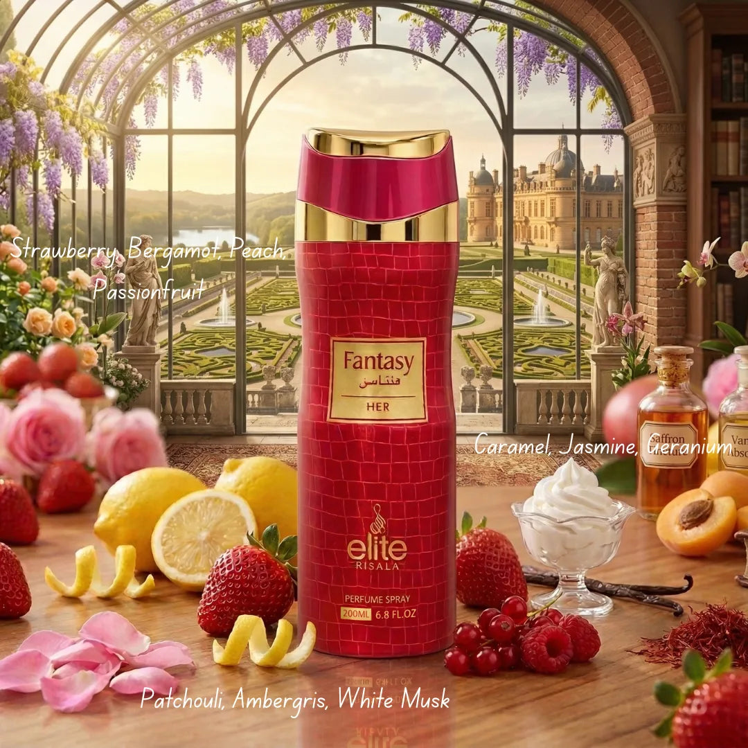 RISALA Fantasy For Her perfumed body spray 200ml deodorant bottle with floral and fruity fragrance visible.