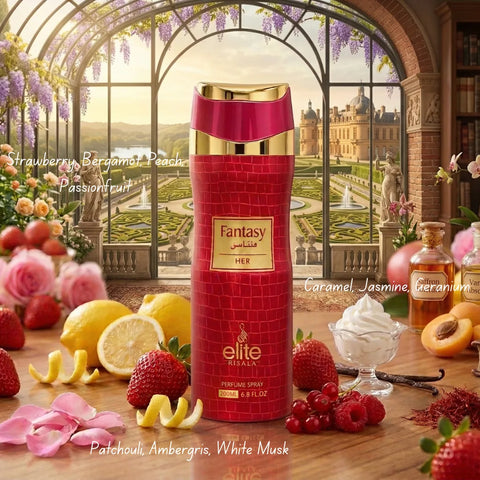 RISALA Fantasy For Her perfumed body spray 200ml deodorant bottle with floral and fruity fragrance visible.