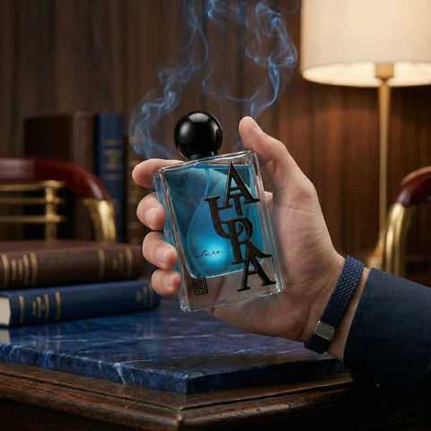 Aura Fragrances Future Blue Eau De Parfum Spray 100ml bottle, elegant packaging, showcasing the perfume's sleek design.