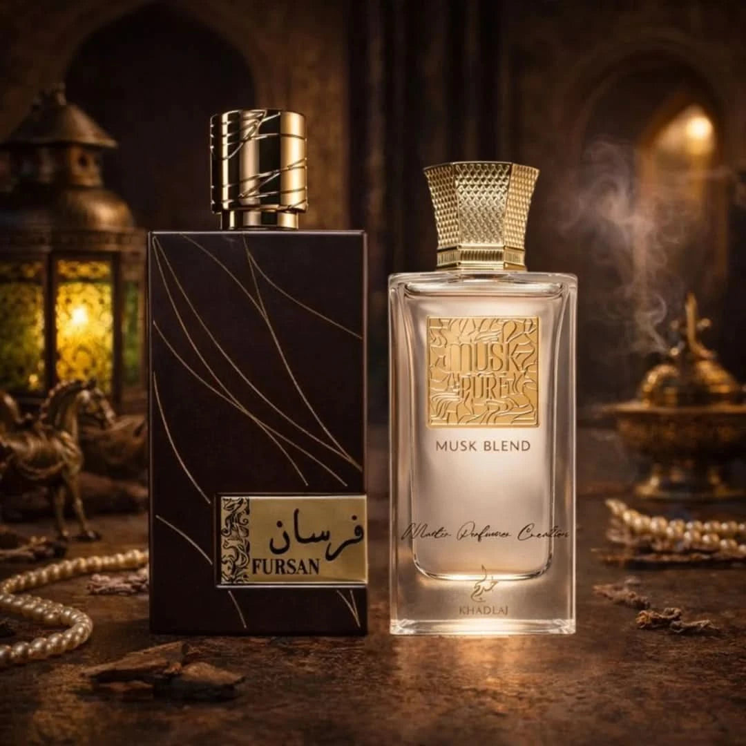 Khadlaj Fursan Brown Eau de Parfum and Musk Pure Musk Blend Eau de Parfum bundle, 100ml and 60ml sprays, with elegant bottles