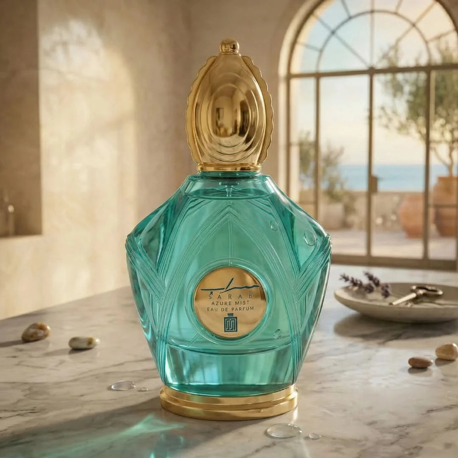 Sarab Azure Mist Eau De Parfum spray by Aura by Aura, 100ml bottle with elegant blue design.