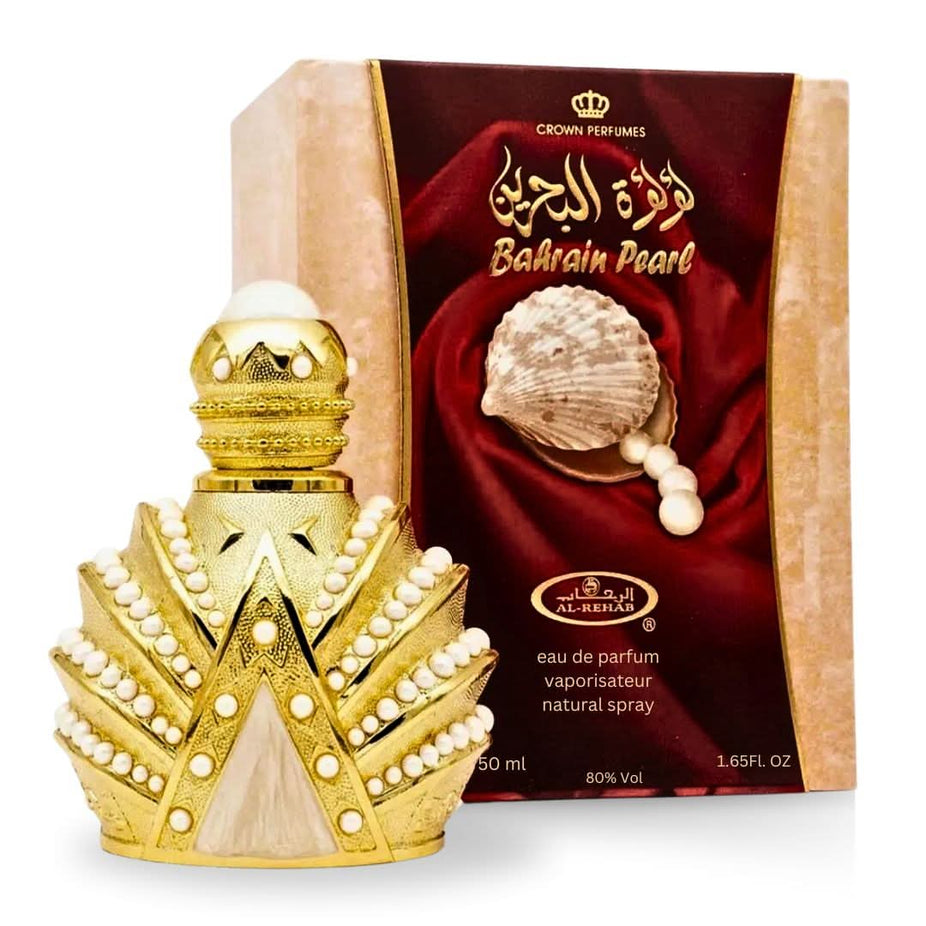 Bahrain Pearl EDP by Al Rehab, 50ML Eau De Parfum bottle with elegant design and pearl accents on the packaging.