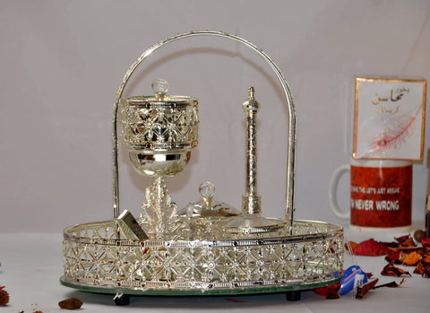 Arab Wedding Bakhoor Burner (Mabkhara) -Oud Burner, Metal,Tray Inside 12 inch Tall (Silver) - Intense oud