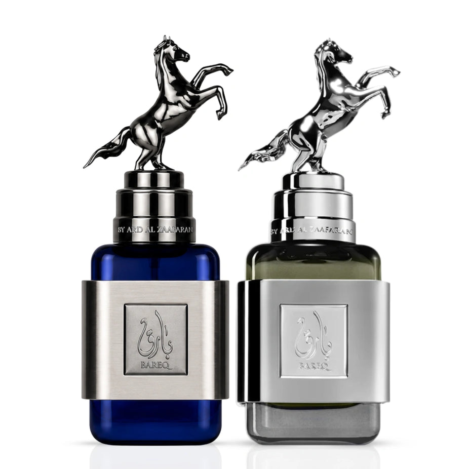 Bundle of Ard Al Zaafaran Bareq & Bareq Mirage Eau de Parfum sprays, 100ml each, featuring elegant perfume bottles.