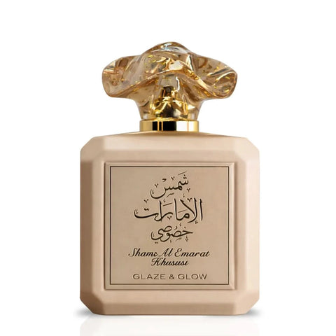 Ard Al Zaafaran Shams Al Emarat Khususi Glaze & Glow Eau de Parfum spray in 100ml bottle with a velvet pouch, elegant fragrance design