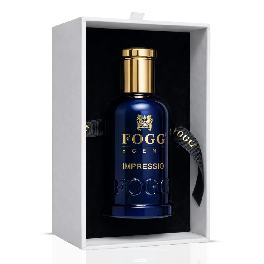 Impressio for Men FOGG Eau de Parfum spray, 100ml bottle, sleek design and modern packaging for men's fragrance.