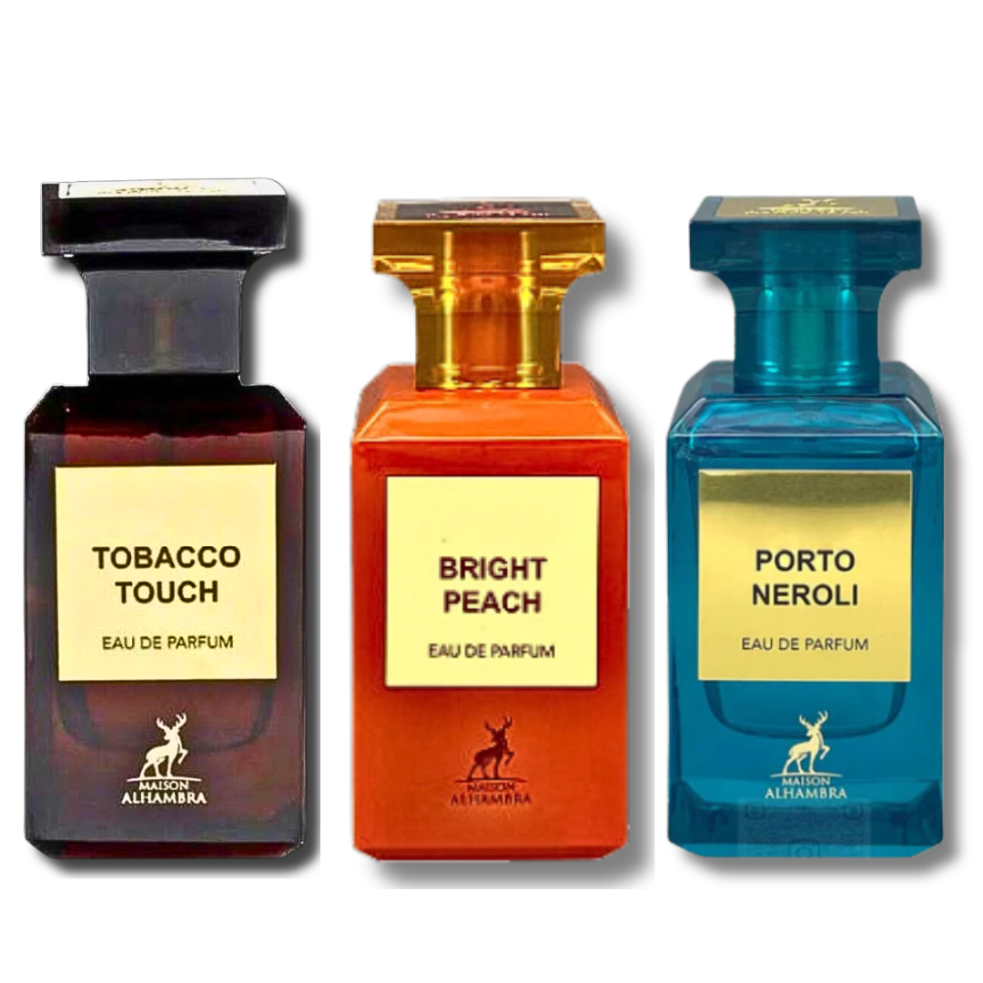 Amazing 3 Collection Porto Neroli,Bright Peach & Tobaco Touch EDP - 80Ml (2.7 Oz) By Maison Alhambra - Intense oud