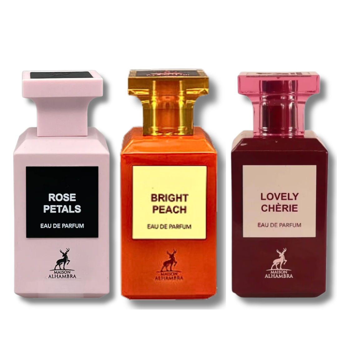 Amazing 3 Collection Rose Petals,Bright Peach & Lovely Cherie EDP - 80Ml (2.7 Oz) By Maison Alhambra - Intense oud