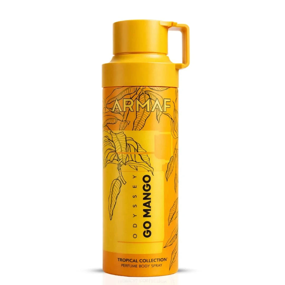 Odyssey Go Mango deodorant spray by Armaf, 200ml, featuring vibrant mango scent in a sleek spray bottle.