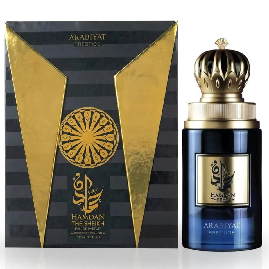 Arabiyat Prestige Hamdan The Sheikh Eau de Parfum spray 75ml, elegant fragrance bottle with intricate design.