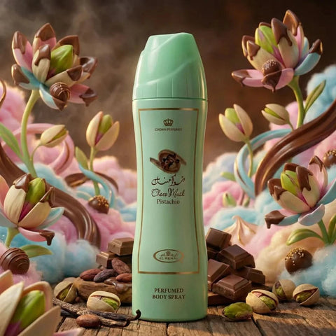 Al Rehab Choco Musk Pistachio perfumed body spray 200ml deodorant with chocolate and pistachio scent, in a sleek spray bottle.