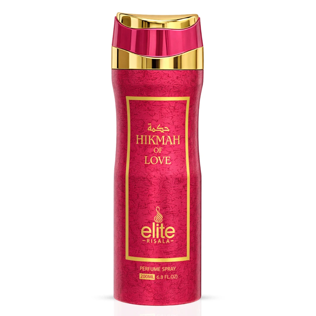 Elite Risala Hikmah Of Love body spray 200ml deodorant spray with floral and spicy scent, in a sleek bottle.