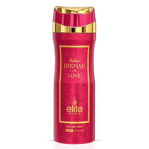 Elite Risala Hikmah Of Love body spray 200ml deodorant spray with floral and spicy scent, in a sleek bottle.