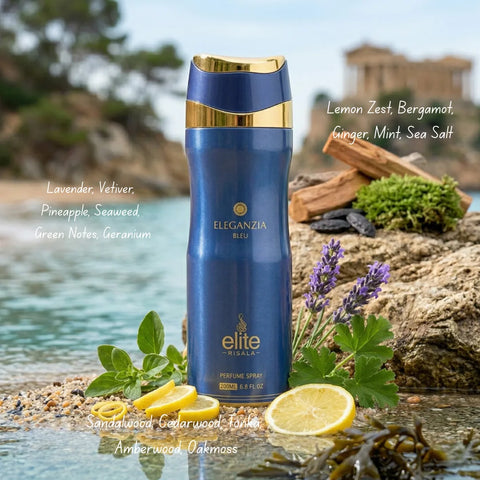 RISALA Eleganzia Bleu Body Spray 200ml deodorant bottle with sleek blue design and spray nozzle.
