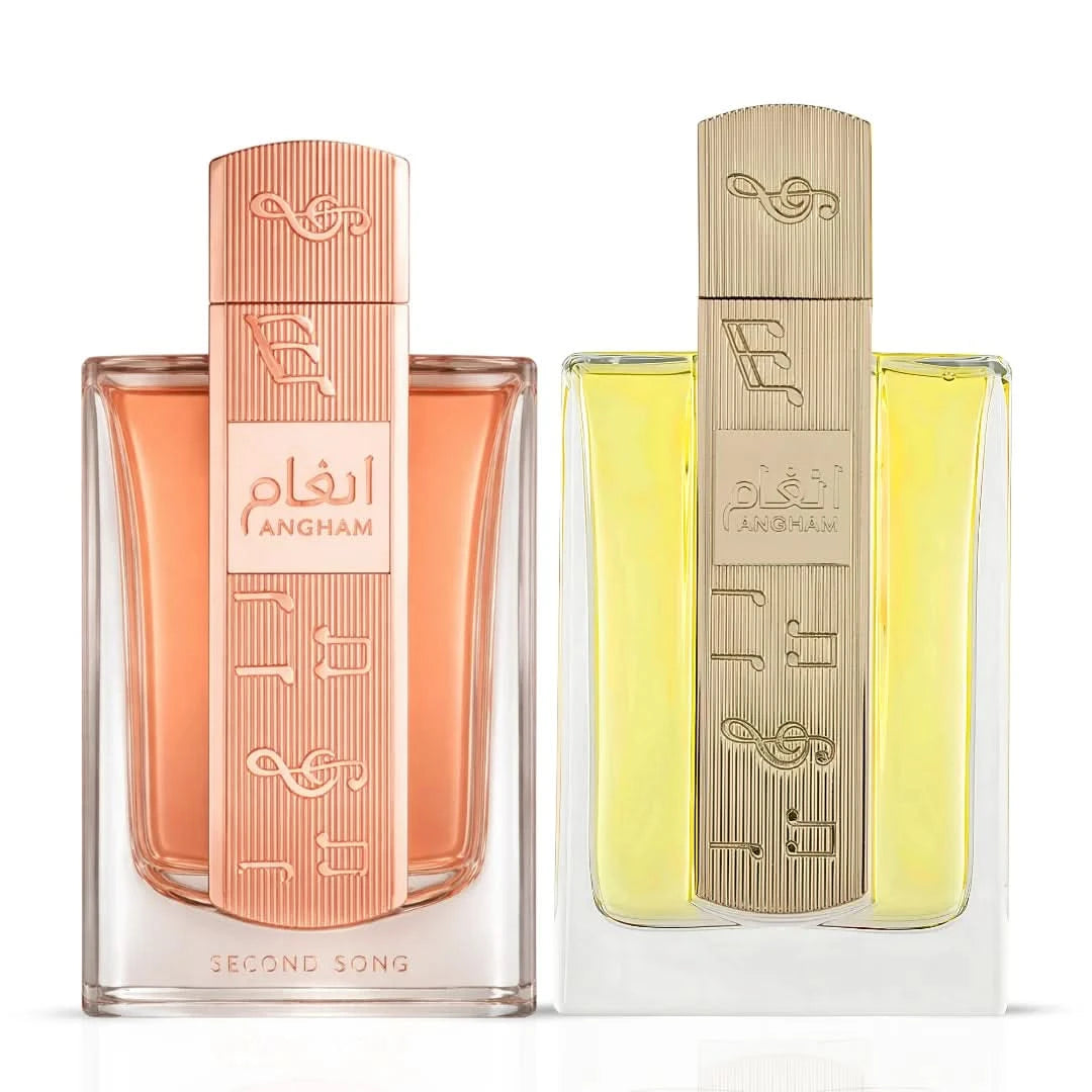 Lattafa Angham & Angham Second Song Eau de Parfum spray bundle, 100ml bottles, elegant packaging, floral and oriental scent.