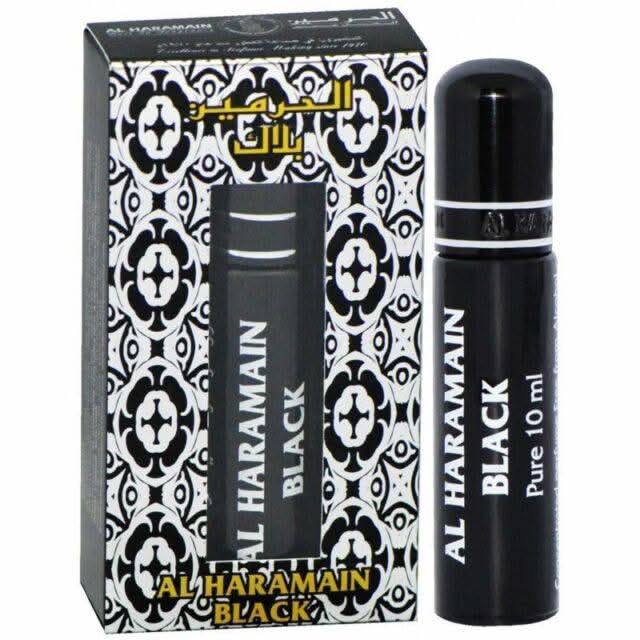 Al Haramain Black Perfume Oil 10ml bottle, concentrated perfume oil with black packaging and elegant design.