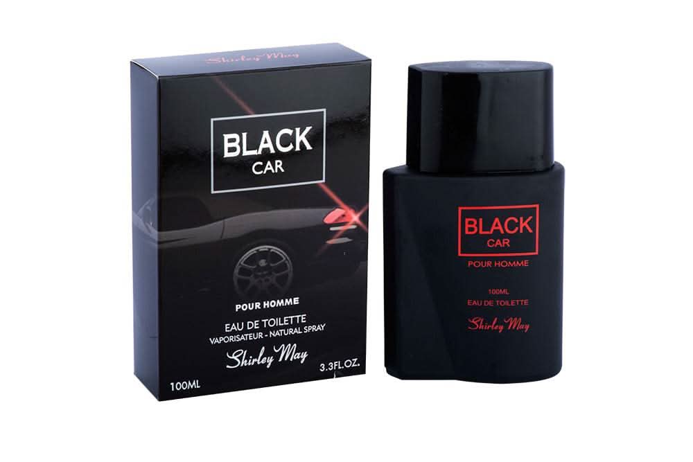 Black Car for Men EDT by Shirley May, 100ml bottle, featuring a sleek black car design, with a matching pouch.