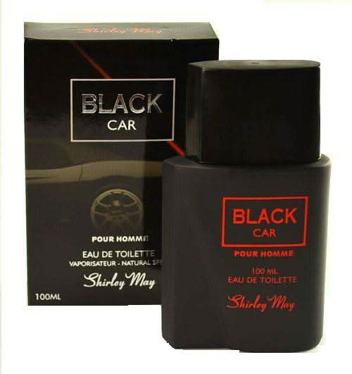 Black Car for Men EDT by Shirley May, 100 ML, featuring a sleek black car design and included pouch.