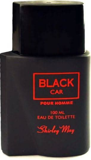 Black Car for Men EDT by Shirley May in 100 ML, featuring a sleek black car bottle with a matching pouch, on a neutral background.