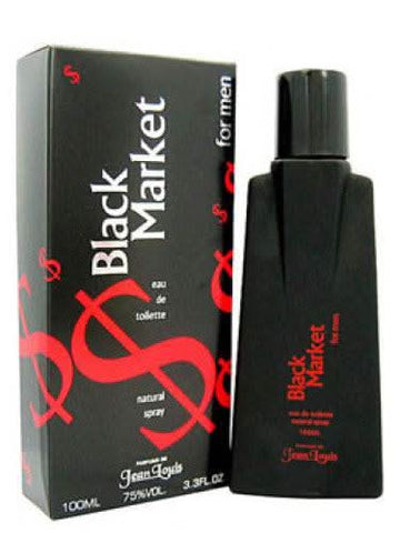 Shirley May Black Market for Men Eau De Toilette 100 ML bottle with black pouch, featuring sleek black packaging and branding.