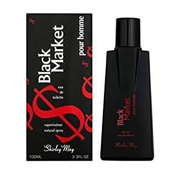 Black Market for Men EDT by Shirley May 100ml bottle with black pouch, featuring sleek black packaging and modern design.