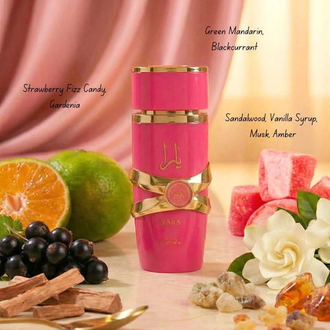 Lattafa Yara Candy Eau de Parfum 100ml and Ard Al Zaafaran Pink Blush Khususi Roll-On Oil set on a neutral background.