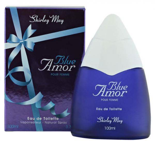 Blue Amor for Women EDT by Shirley May in a 100ml bottle, with a blue liquid and matching pouch.
