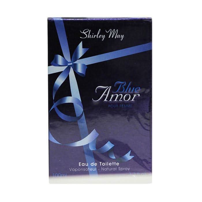 Shirley May Blue Amor for Women Eau De Toilette 100 ML with pouch, featuring a blue perfume bottle and floral design.