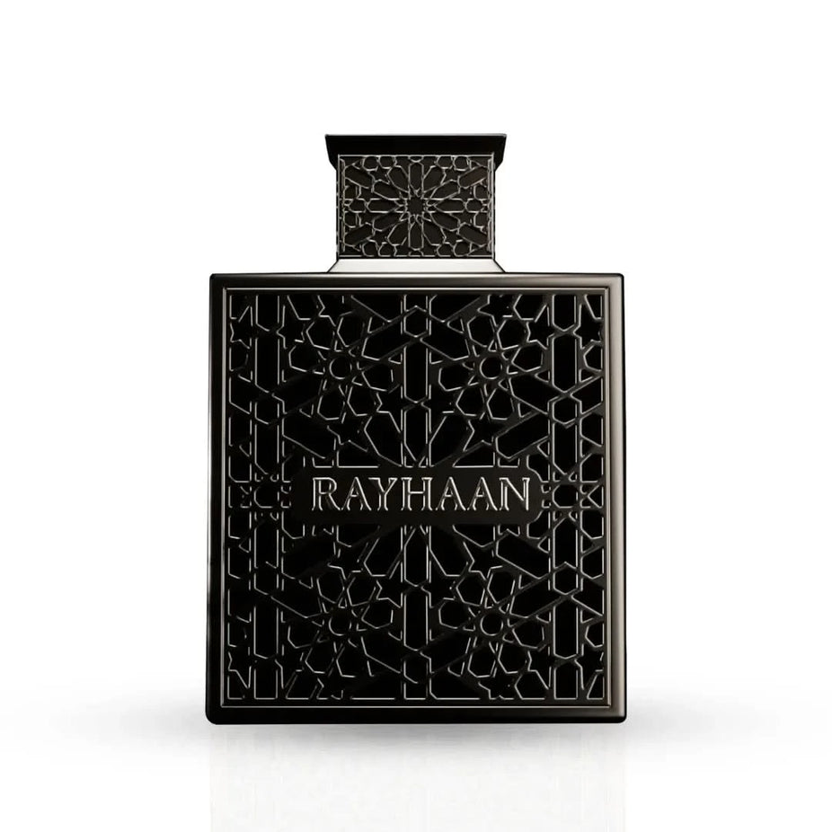 Rayhaan Obsidian Eau de Parfum spray 100ml bottle, dark glass container with sleek design, showcasing the Rayhaan fragrance.