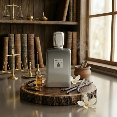 Aura Fragrances Prestige Vanilla Oud Eau De Parfum spray 100ml bottle with elegant design and fragrance details.
