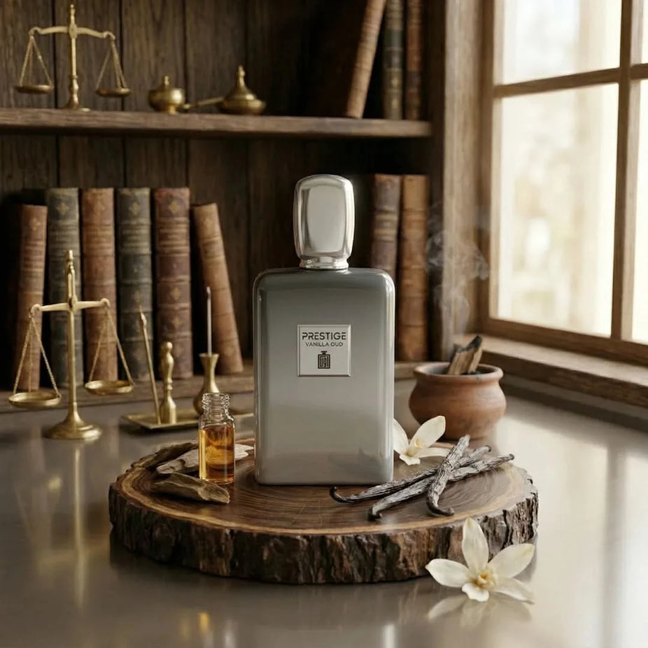 Aura by Aura Prestige Vanilla Oud Eau De Parfum spray, 100ml, featuring warm vanilla and rich oud notes in a sleek bottle.