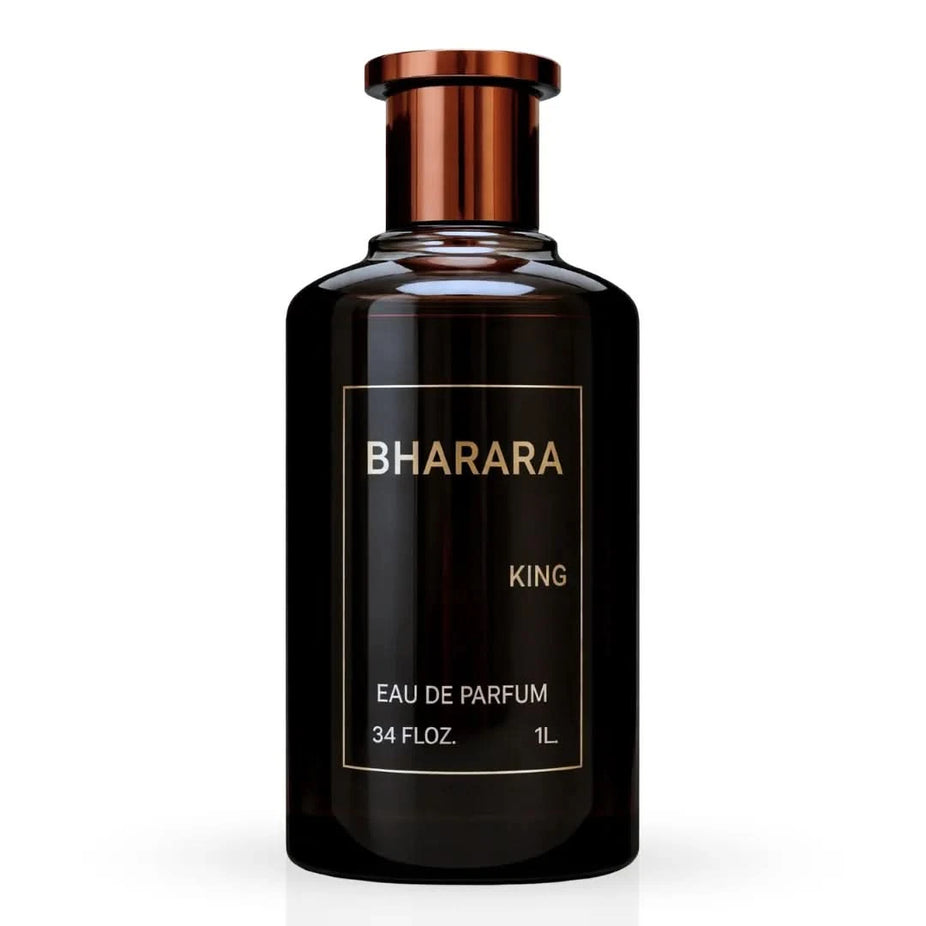 Bharara King Eau de Parfum Spray 1000ml bottle with elegant black and gold packaging, showcasing the BHARARA brand and product label.