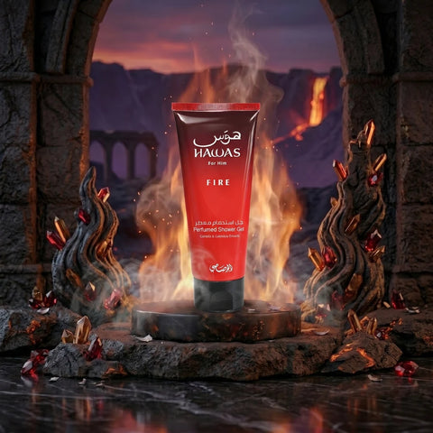 Rasasi Hawas Fire 3-piece perfume gift set with bottles of fragrance in stylish packaging, ideal for gifting or personal use.