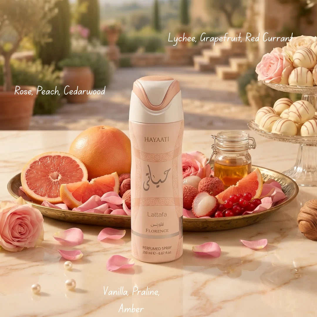 Lattafa Hayaati Florence deodorant spray bottle, 200ml, featuring elegant packaging and floral scent design.