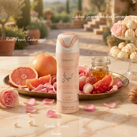 Lattafa Hayaati Florence deodorant spray bottle, 200ml, featuring elegant packaging and floral scent design.