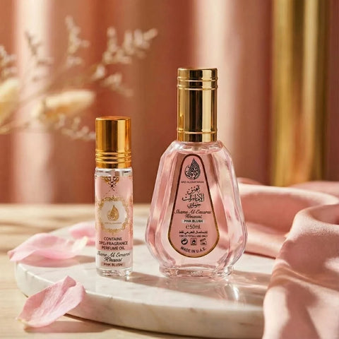 Pink Blush Shams Al Emarat perfume oil and Eau de Parfum spray by Ard Al Zaafaran, featuring pink and gold bottles in a bundle.