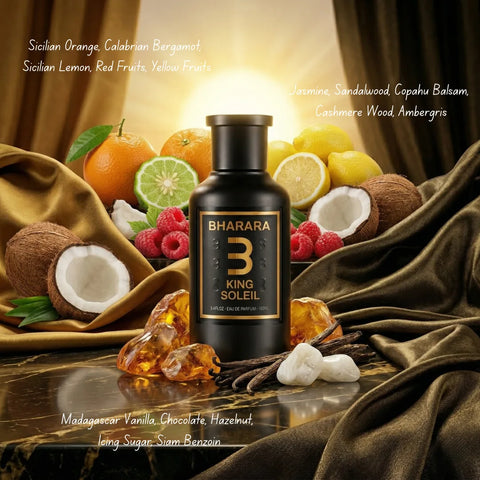 Bharara King Soleil Eau de Parfum spray 100ml bottle with elegant gold cap and floral design on the label.