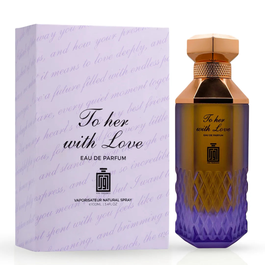 Aura Fragrances To Him With Love, To My Love, and To Her With Love 100ml perfume spray bundle on a sleek black background.