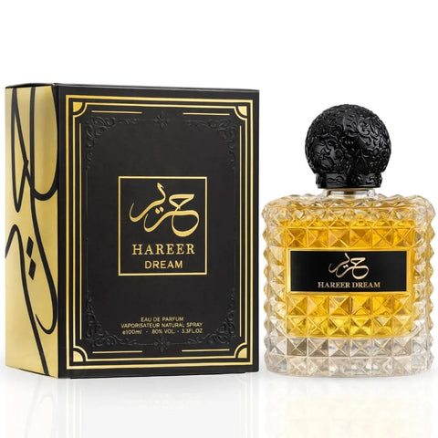Aura Fragrances Hareer Dream Eau De Parfum Spray 100ml, elegant perfume bottle with floral design and sleek shape.