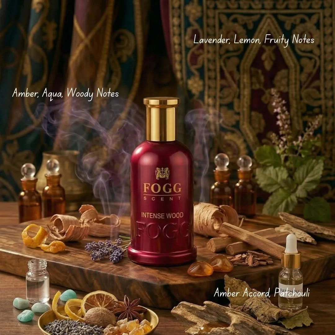 Fogg Intense Wood Eau de Parfum spray for men, 100ml, showcasing the sleek bottle with a wood-inspired design.