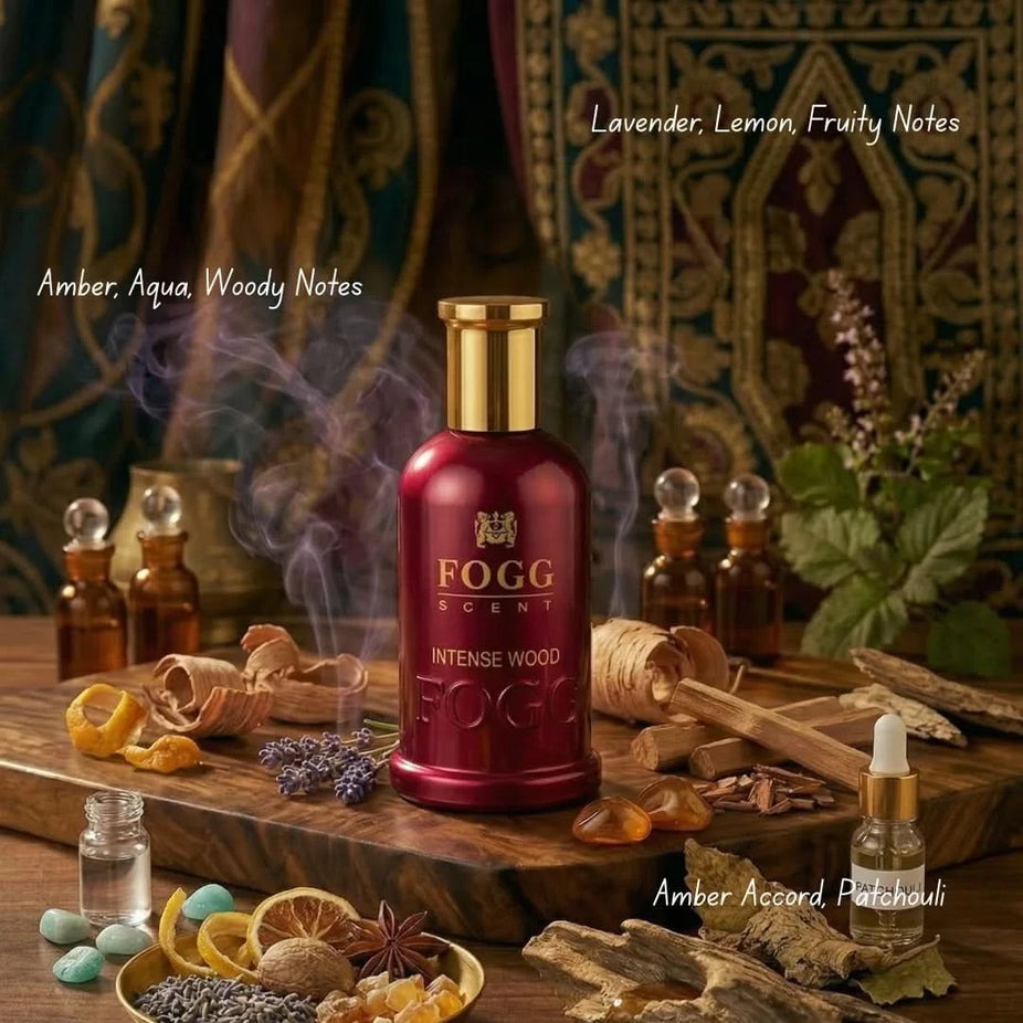 Fogg Intense Wood Eau de Parfum spray for men, 100ml, featuring a sleek bottle with dark wood-inspired design.