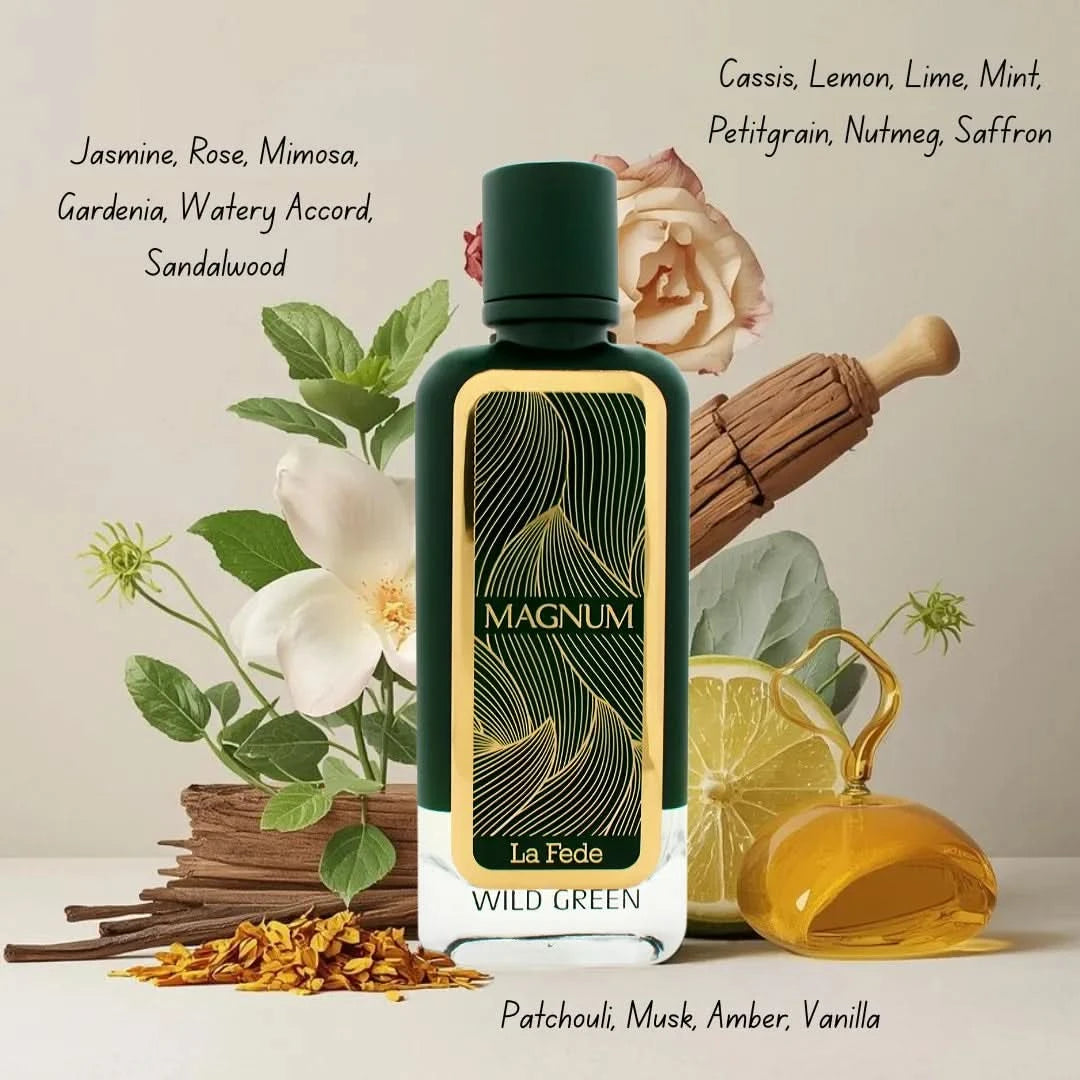 Khadlaj La Fede Magnum Wild Green and Extreme Blue Eau de Parfum Spray bundle, 100ml, featuring vibrant green and blue fragrance bottles.