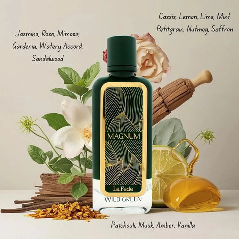 Khadlaj La Fede Magnum Wild Green and Extreme Blue Eau de Parfum Spray bundle, 100ml, featuring vibrant green and blue fragrance bottles.
